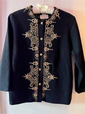 Gold Thread Embroidered Vintage von Trapp Black Boxy Cardigan, 100% Wool Austria